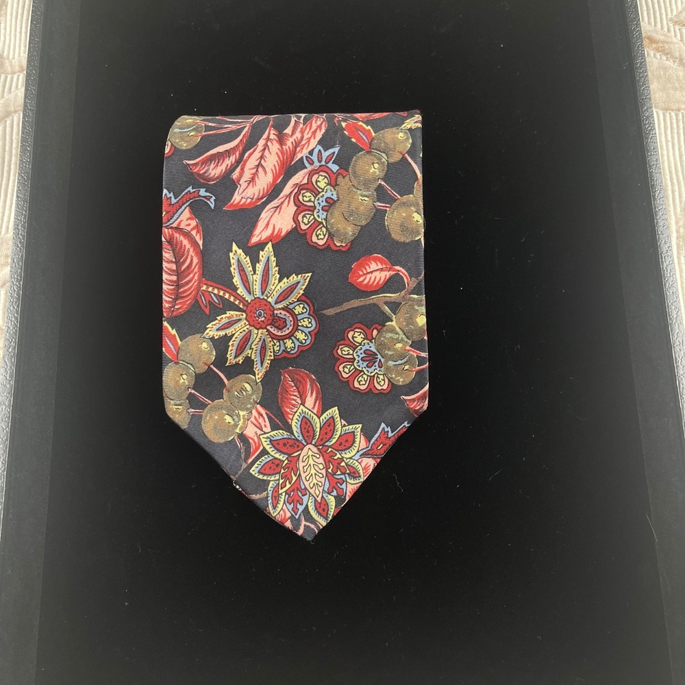 Adolfo‎ Mens Silk Necktie Floral Botanical Navy Red Gold Classic Dress Tie